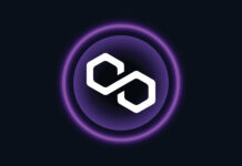 Polygon – Macht Ethereum effizient. Polygon MATIC Token, Blockchain Logo, Schwarzer HIntergrund