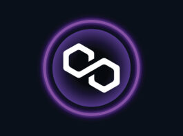 Polygon – Macht Ethereum effizient. Polygon MATIC Token, Blockchain Logo, Schwarzer HIntergrund